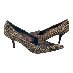 Bellofatto sz 8 tweed and snakeprint leather pointy toe heels